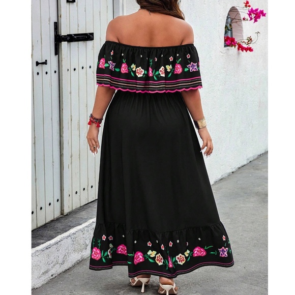 Plus Floral Print Off Shoulder Stretchy Waist High Waisted Maxi Dress - Picture 2 of 4